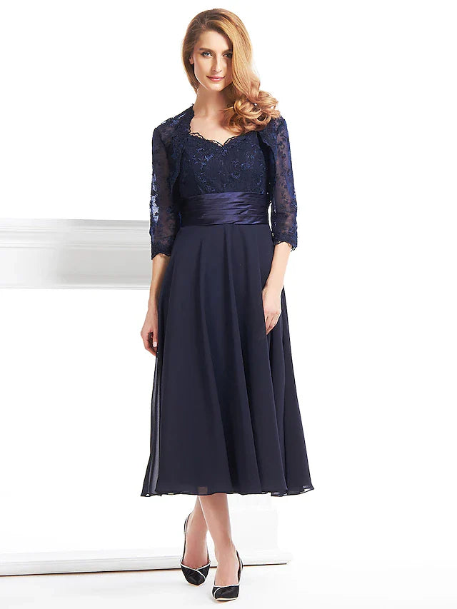 Wholesale A-Line Mother of the Bride Dress Convertible Dress V Neck Tea Length Chiffon Corded Lace Sleeveless with Lace Pleats Appliques